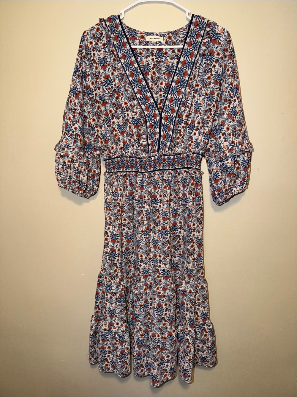 Max Studio Floral V-Neck Midi Dress in Blue & Rust